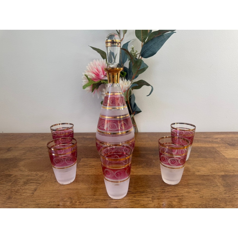 Vintage Pink Frosted Glass Decanter Set Gold‎ Trim Cordial Glasses MCM Barware